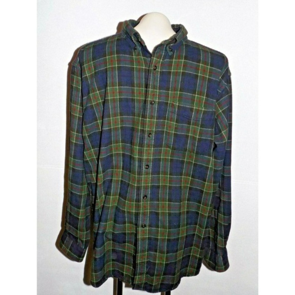 LL Bean Mens Large Green Blue Plaid Flannel Button Down Shirt OMT37 Cotton
